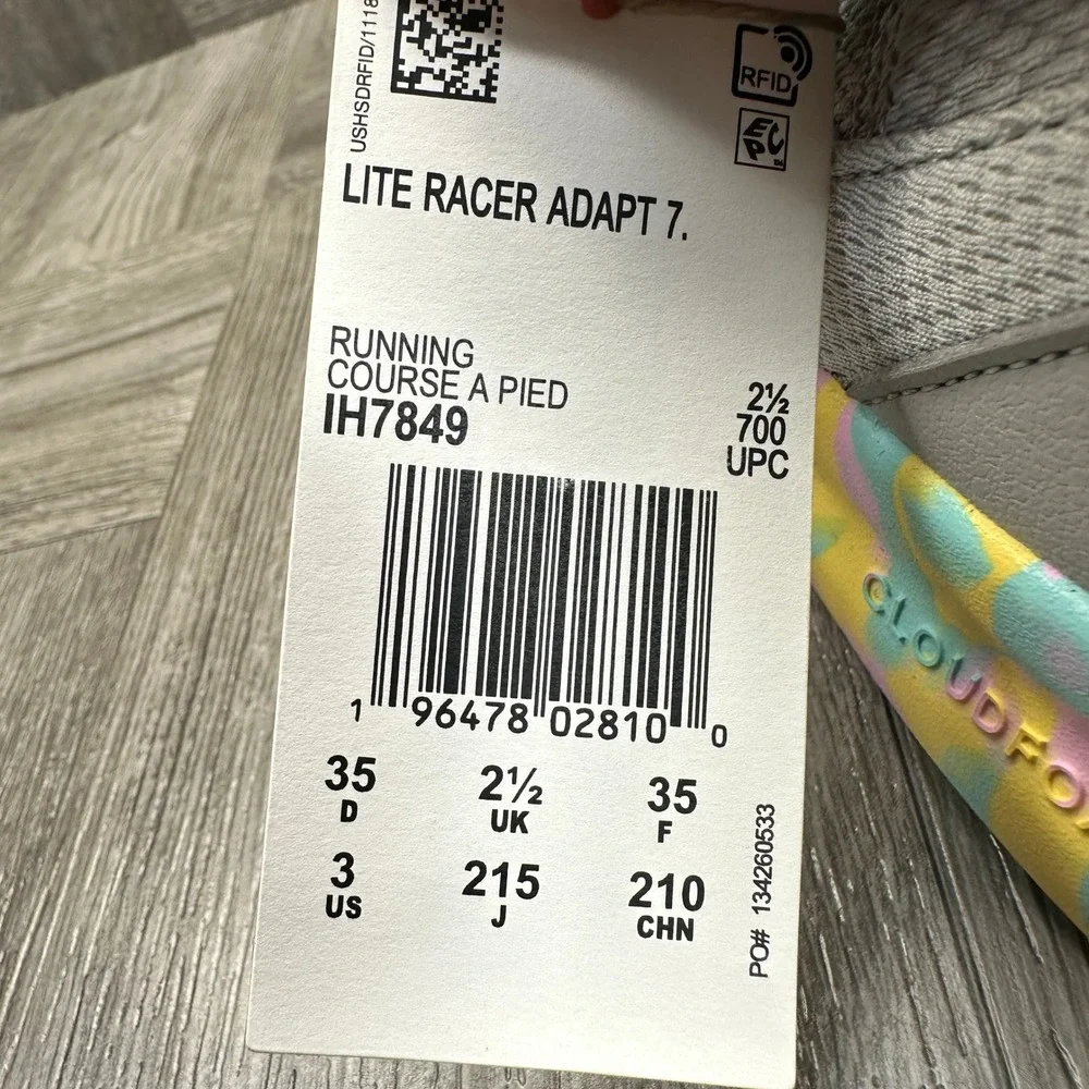 Adidas Lite Racer Adapt 7 Kids 3 Grey Pink Yellow Slip On Running NEW IH7849